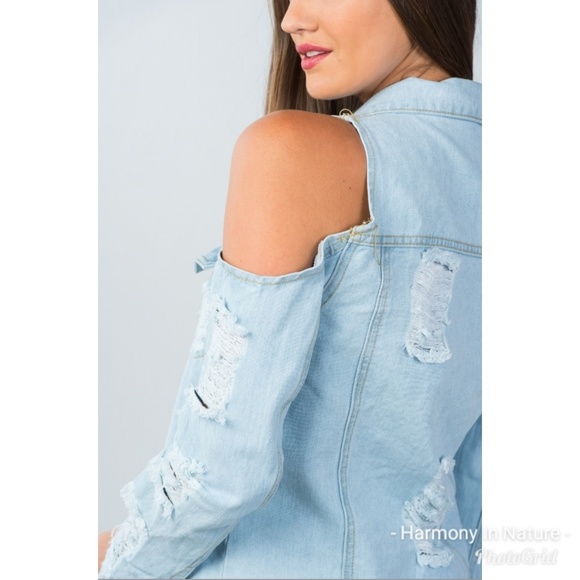 Cold Shoulder Distressed Denim Jacket - Picture 4 of 8